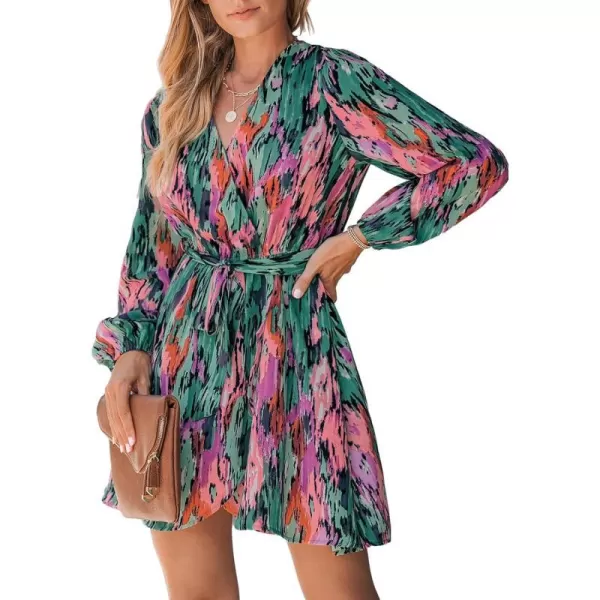 imageCUPSHE Womens Mini Dress V Neck Belted Abstract Print Long Peasant Sleeves Multicolor Loose Fit A Line Short Casual DressesGreen Paisley