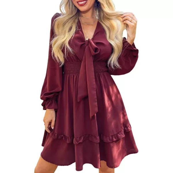 imageCUPSHE Womens Mini Dress V Neck Bow Tied Tiered Ruffled Long Trumpet Sleeve Smocked Waist A Line Casual DressBurgundy