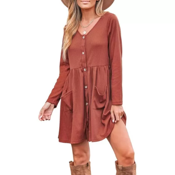 imageCUPSHE Womens Mini Dress V Neck Button Front Pleated A line Knitted Pockets Short Casual DressesBurnt Orange