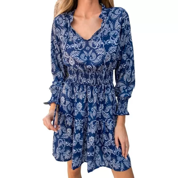 imageCUPSHE Womens Mini Dress V Neck Drawstring Paisley Print Smocked Waist Long Sleeve A Line Short Casual DressesBlue