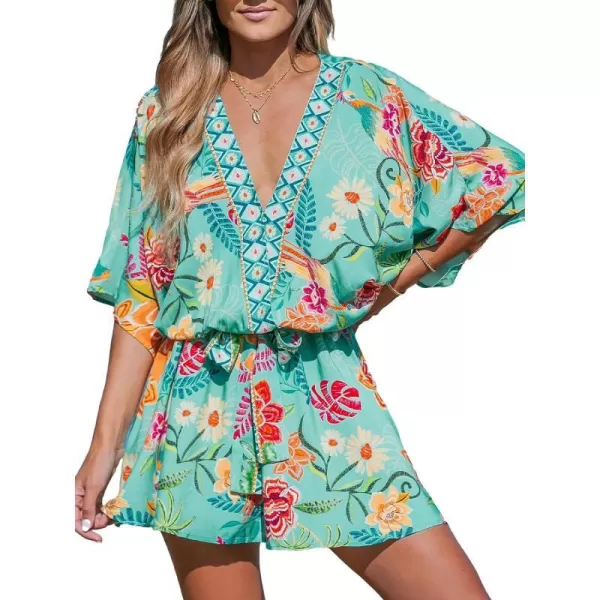 imageCUPSHE Womens Mini Dress V Neck Floral Half Dolman Sleeeve Belted Loose Fit Short Summer Beach DressMint Floral