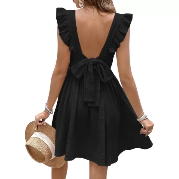 imageCUPSHE Womens Mini Dress V Neck Flutter Sleeve Cotton Self Tie Back A Line Short Summer Cover Up DressBlack