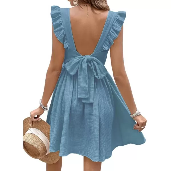 imageCUPSHE Womens Mini Dress V Neck Flutter Sleeve Cotton Self Tie Back A Line Short Summer Cover Up DressSteel Blue