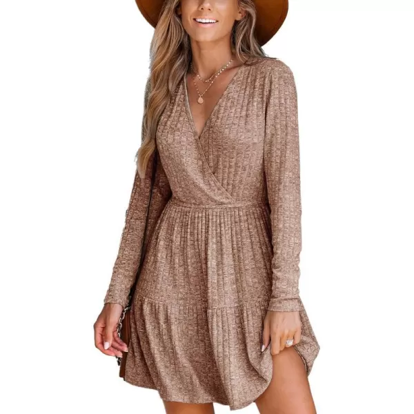 imageCUPSHE Womens Mini Dress V Neck Knit Ruffled Hem Belted Long Sleeve A Line Short Casual DressesBrown