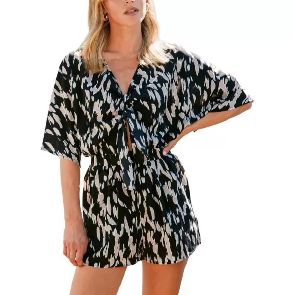 imageCUPSHE Womens Mini Dress V Neck Knotted Short Sleeve Abstarct Loose Fit Beach Short Summer DressBlack Abstract