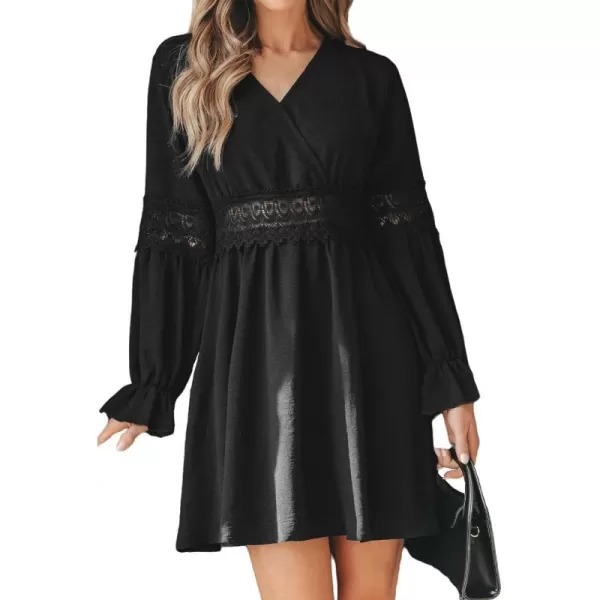 imageCUPSHE Womens Mini Dress V Neck Lace Waist Long Ruffled Trumpet Sleeve A Line Short Casual DressesBlack