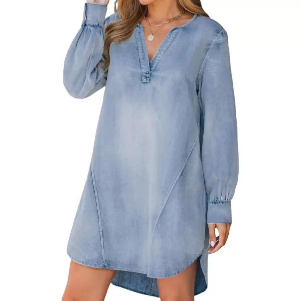 imageCUPSHE Womens Mini Dress V Neck Long Sleeve Seam Fitted Cotton Casual A Line Denim DressesLight Blue
