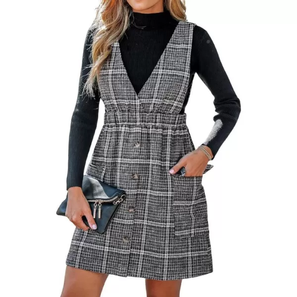 imageCUPSHE Womens Mini Dress V Neck Plaid Solid SleevelessPinafore Button Front Pockets A Line Short Casual DressesBlack