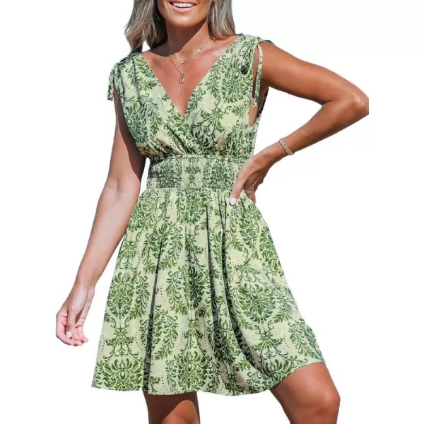 imageCUPSHE Womens Mini Dress V Neck Sleeveless Paisley Smocked Waist Short Casual Summer DressGreen Paisley