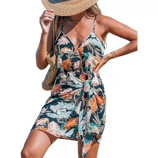 imageCUPSHE Womens Mini Dress V Neck Tropical Leaf Sleeveless Wrap Belted Short Summer Beach Cover Up DressNavy Tropical