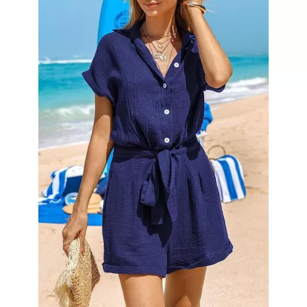 imageCUPSHE Womens Mini Jumpsuit Belted Basic collar Navy Romper with Belt
