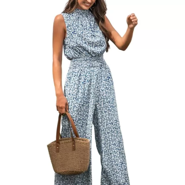 imageCUPSHE Womens Mock Neck Floral Print Long Romper Sleeveless Straight Leg Maxi JumpsuitBlue Floral