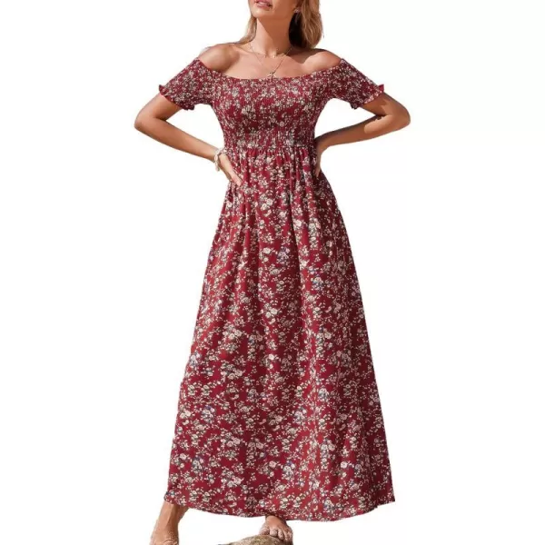 imageCUPSHE Womens Off Shoulder Dress Short Sleeve with Ruffle Cuff Dresses Smocked Bodice Maxi Dress Slit HemRed