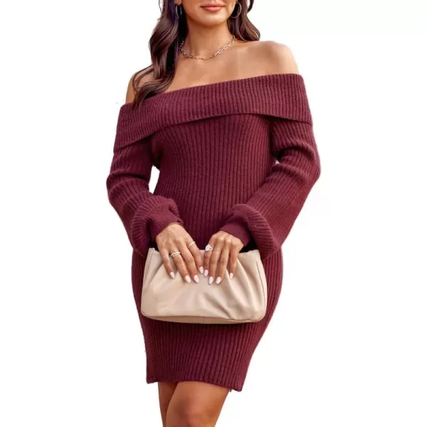 imageCUPSHE Womens Off The Shoulder Long Sleeve Casual Sweater Dress Knit Bodycon Warm Pullover Sweater DressBurgundy