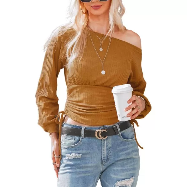 imageCUPSHE Womens Off The Shoulder Ruched Sweater Long Sleeves Side Tie Pullover with Drawstring DesignBrown