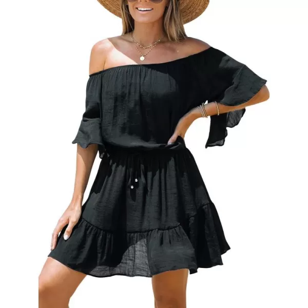 imageCUPSHE Womens Off The Shoulder Ruffled CoverUp Flare Sleeves Tie Waist Mini DressBlack