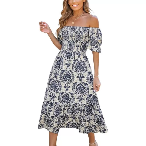 imageCUPSHE Womens Off The Shoulder Ruffled Short Sleeve Smocked Paisley Beach Midi DressNavy Paisley