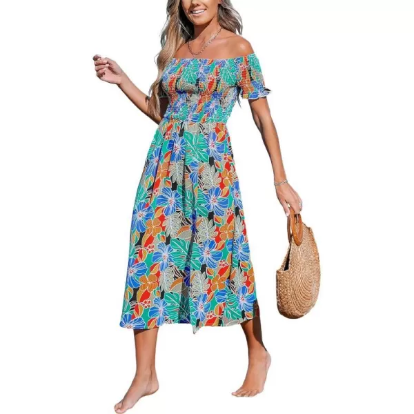 imageCUPSHE Womens Off The Shoulder Tropical Paisley Smocked Short Sleeve Ruffled Beach Summer Maxi DressBlue Floral
