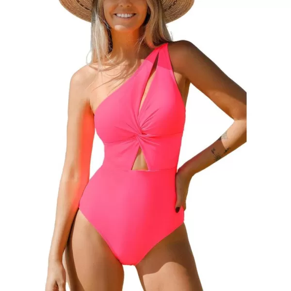 imageCUPSHE Womens One Piece Bathing Suit One Shoulder Twist Cutout Back Tie Asymmetrical SwimsuitNeon Pink