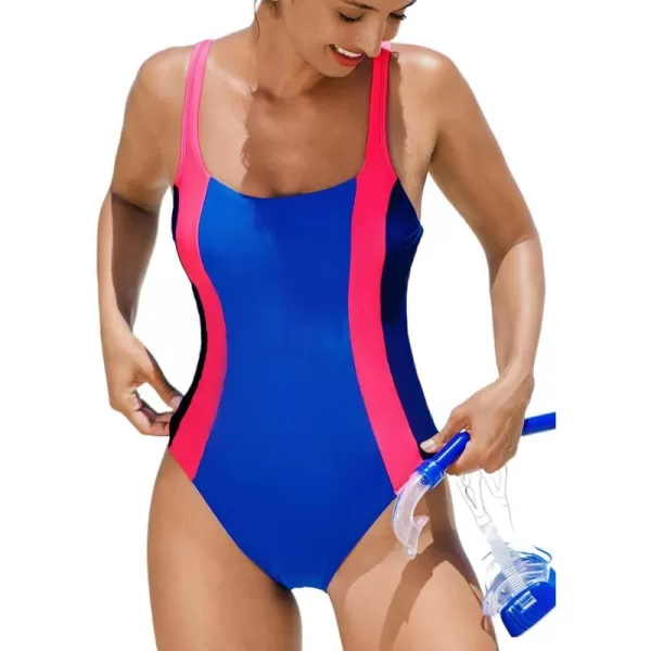 imageCUPSHE Womens One Piece Bathing Suit Scoop Neck Adjustable Straps Color Block Swimsuit SlimmingBlue Pink