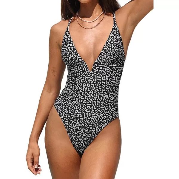 imageCUPSHE Womens One Piece Bathing Suits Swimsuits Deep V Neck Adjustable Straps Crisscross Back CheekyBlackLeopard
