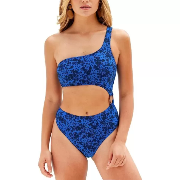 imageCUPSHE Womens One Piece Bathing Suits Swimsuits One Shoulder Cutout Cheeky Bottom O RingBlue Floral
