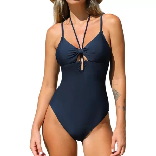 imageCUPSHE Womens One Piece Halter Cutout Swimsuit Tummy ControlDark Blue