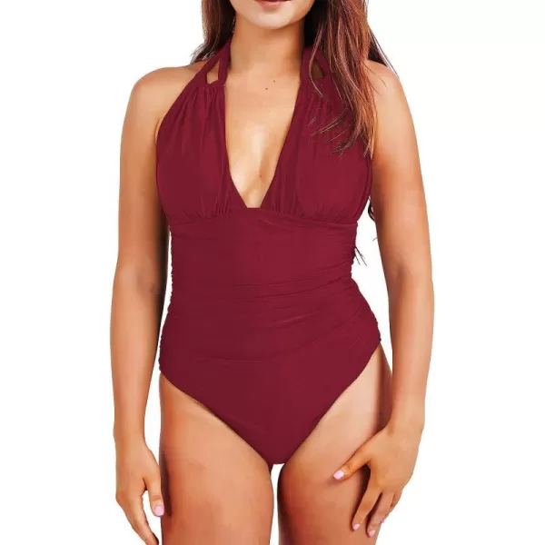 imageCUPSHE Womens One Piece Halter Neck Cutout Front Tummy Control Ruched Sides SwimsuitWine Red