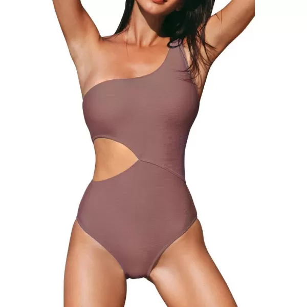 imageCUPSHE Womens One Piece Ribbed Cut Out Side One Shoulder SwimsuitCoffee