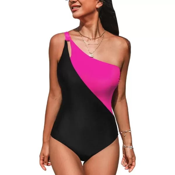 imageCUPSHE Womens One Piece Swimsuit Asymmetrical Neck One Shoulder Bathing Suit Color Block Back Twist CutoutBlackMagenta Pink