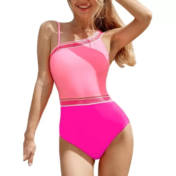 imageCUPSHE Womens One Piece Swimsuit Bathing Suit Asymmetrical Neck Adjustable Straps Mesh Cheeky Color BlockPink Color Block