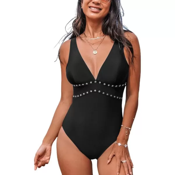 imageCUPSHE Womens One Piece Swimsuit Bathing Suit Deep V Neck Adjustable Straps O Ring SwimwearBlack