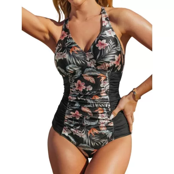 imageCUPSHE Womens One Piece Swimsuit Bathing Suit Deep V Neck Ruched Crisscross Back Straps Cheeky BottomBlack Floral