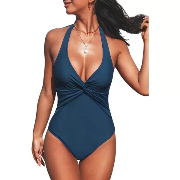 imageCUPSHE Womens One Piece Swimsuit Bathing Suit Halter V Neck Adjustable Straps TwistedDark
