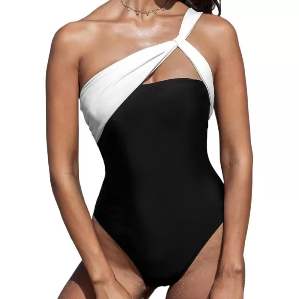 imageCUPSHE Womens One Piece Swimsuit Bathing Suit One Shoulder Swimwear Asymmetrical Neck Cutout Knot Cheeky Color BlockBlackWhite