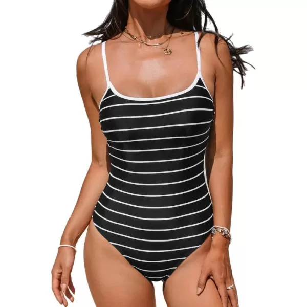 imageCUPSHE Womens One Piece Swimsuit Bathing Suit Scoop Neck Striped Ruched SwimwearBlack Horizontal Stripes