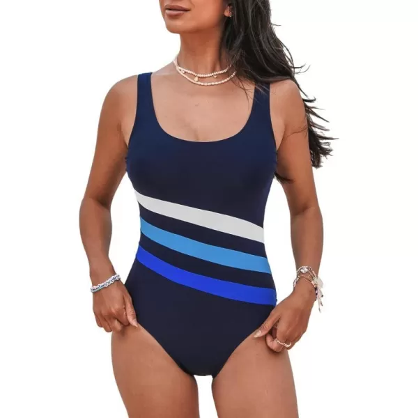 imageCUPSHE Womens One Piece Swimsuit Bathing Suit Scoop Neck U Back Color Block Athletic Modest SwimwearXS4XLNavy Blue