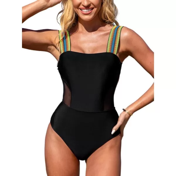 imageCUPSHE Womens One Piece Swimsuit Bathing Suit Square Neck Mesh Cutout Wide Straps Back TieBlack