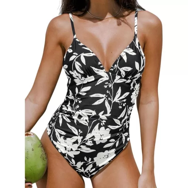 imageCUPSHE Womens One Piece Swimsuit Bathing Suit V Neck Adjustable Spaghetti Straps Ruched High Cut CheekyBlackWhite Floral