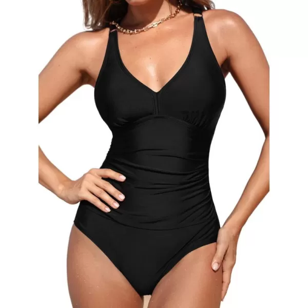 imageCUPSHE Womens One Piece Swimsuit Bathing Suit V Neck Cut Out Crisscross Back Ruched Wide Straps O RingBlack
