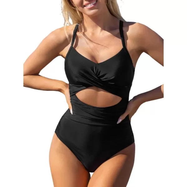 imageCUPSHE Womens One Piece Swimsuit Bathing Suit V Neck Cutout Tummy Control Back Tie SwimwearAvailable in PlusBlack