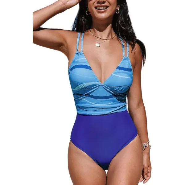 imageCUPSHE Womens One Piece Swimsuit Bathing Suit V Neck Double Straps Back Cutout Color Block SwimwearBlue Stripes