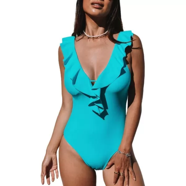 imageCUPSHE Womens One Piece Swimsuit Bathing Suit V Neck Ruffled Swimwear Adjustable Straps XS4XLAqua