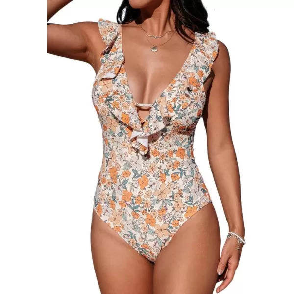 imageCUPSHE Womens One Piece Swimsuit Bathing Suit V Neck Ruffled Swimwear Adjustable Straps XS4XLOrange Floral