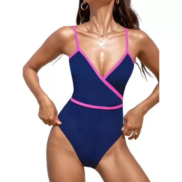 imageCUPSHE Womens One Piece Swimsuit Bathing Suits Surplice V Neck Color Block Cheeky Bottom Swimwear Textured Adjustable StrapsDark BluePink