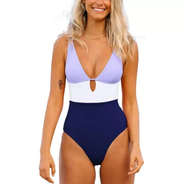 imageCUPSHE Womens One Piece Swimsuit Color Block Keyhole Cutout Bathing SuitLight Purple