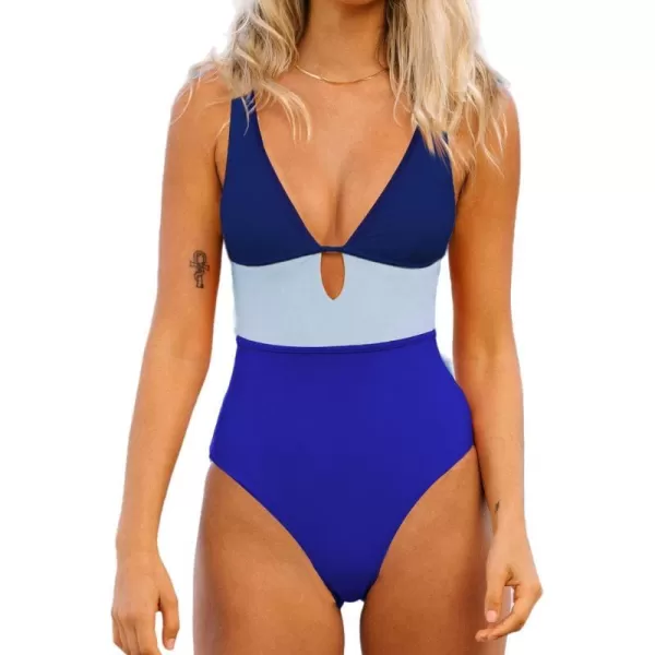 imageCUPSHE Womens One Piece Swimsuit Color Block Keyhole Cutout Bathing SuitNavy