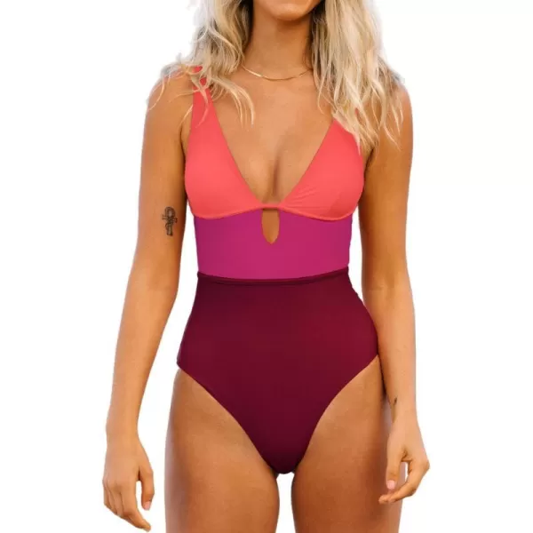 imageCUPSHE Womens One Piece Swimsuit Color Block Keyhole Cutout Bathing SuitRed Purple