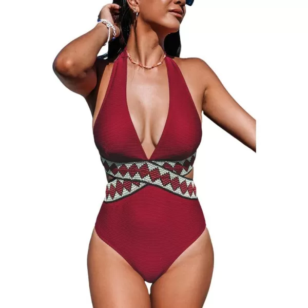 imageCUPSHE Womens One Piece Swimsuit Deep V Neck Bathing Suits Halter Back Self Tie Cutout TexturedRed