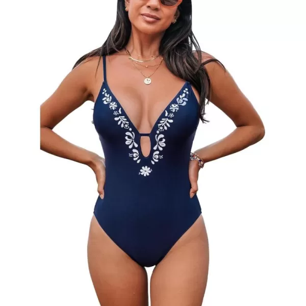 imageCUPSHE Womens One Piece Swimsuit Deep V Neck Cutout Spaghetti Adjustable Straps EmbroideredNavy Blue